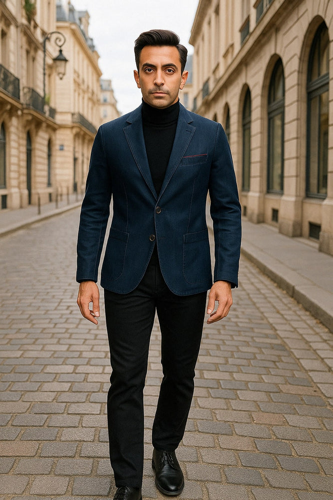 Mens Dark Blue Denim Casual Blazer with Notch Lapel and Single Button Closure
