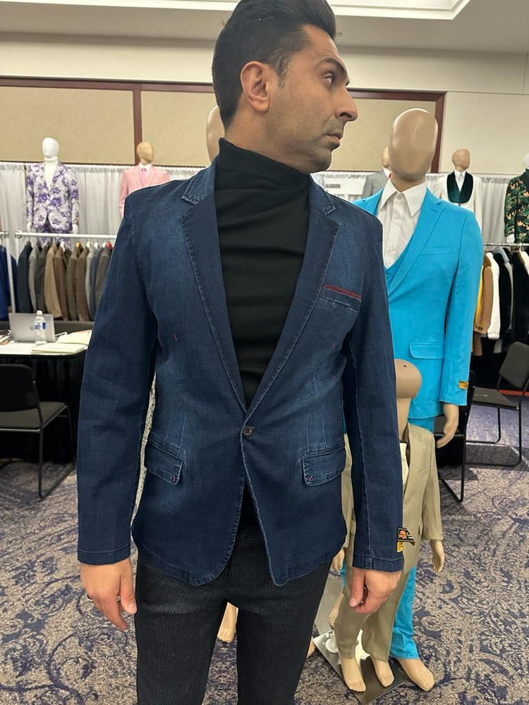 Mens Dark Blue Denim Casual Blazer with Notch Lapel and Single Button Closure