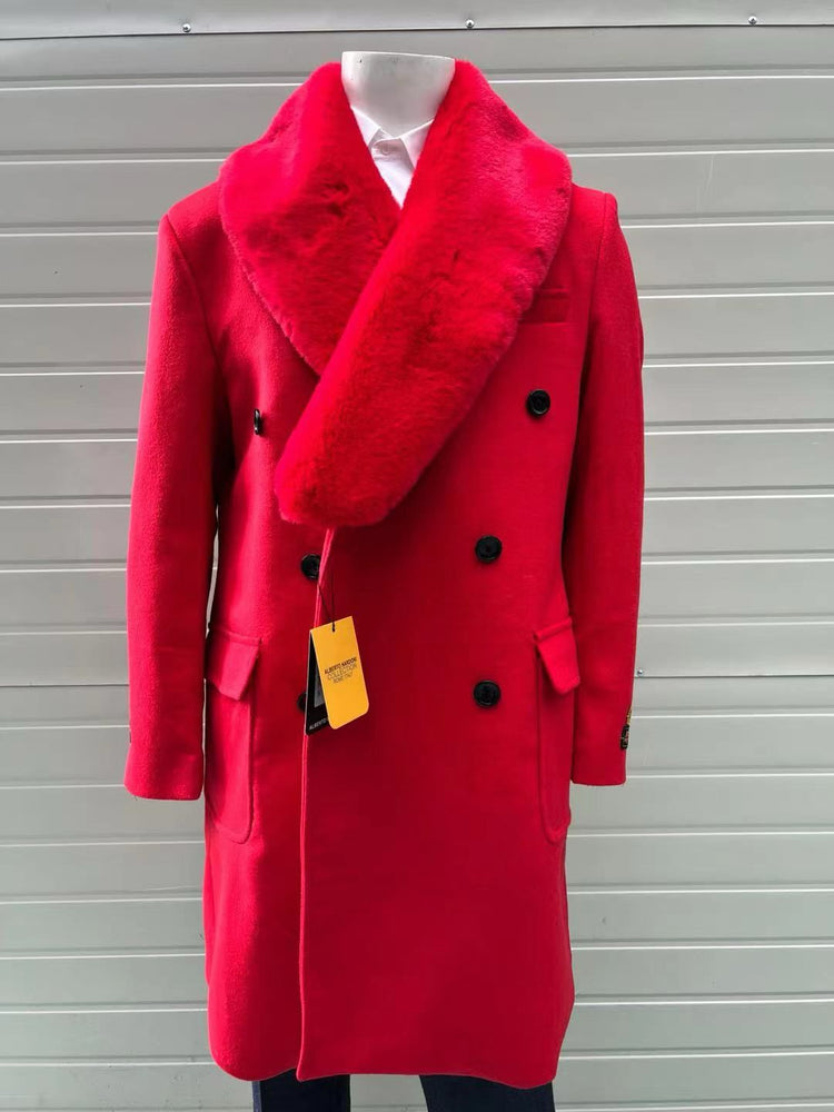 Mens Double Breasted Red Overcoat with Bold Red Faux Fur Collar – Alberto Nardoni Luxury Winter Coat