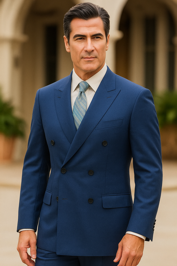Mens Double Breasted Suit in Cobalt Blue Indigo Color - Modern Fit Side Vented Sapphire Color