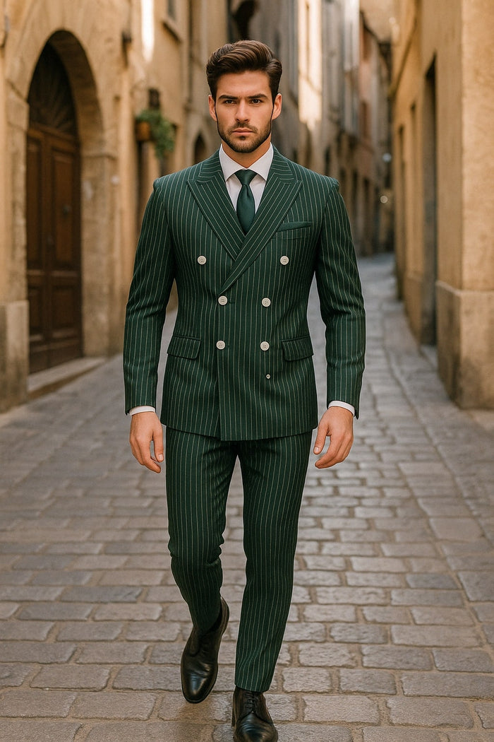 Mens Green Pinstripe Double-Breasted Suit – Slim Fit 2 Piece Formal Business Suit with Peak Lapel 1920s Gangster Pinstripe
