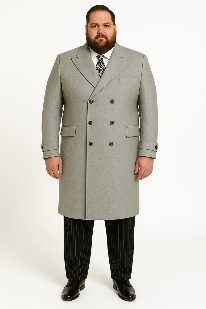 Mens Light Gray Double-Breasted Wool Overcoat – Classic Long Dress Coat for Winter