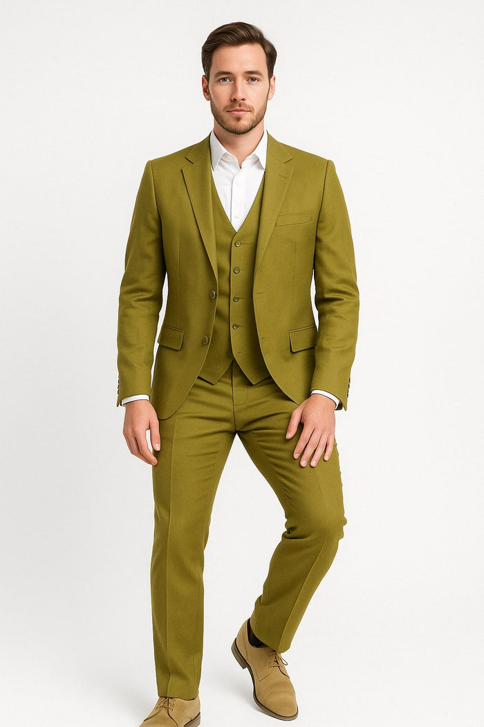 Mens Light Olive Green Suit Three-Piece Style  – Formal Suit with Vest and Flat Front Pants