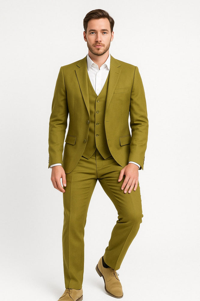 Mens Light Olive Green Linen Suit Three-Piece Style  – Formal Suit with Vest and Flat Front Pants