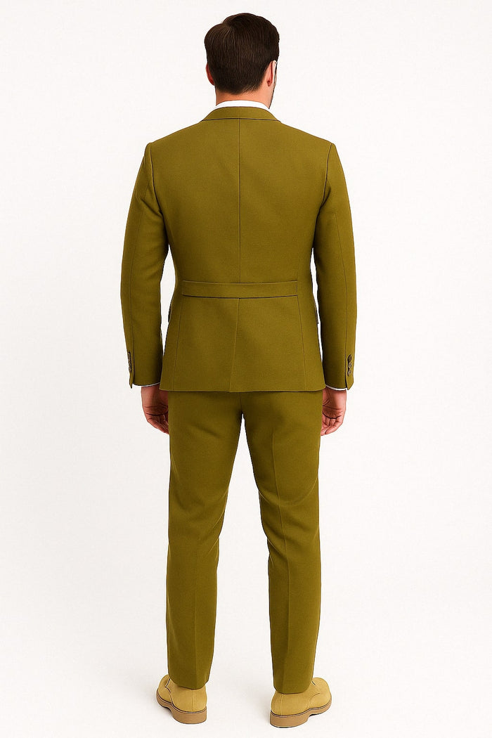 Mens Light Olive Green Suit Three-Piece Style  – Formal Suit with Vest and Flat Front Pants