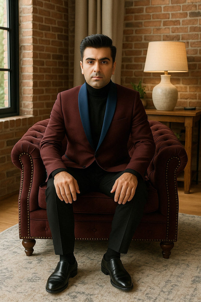 Mens Maroon Tuxedo Jacket with Blue Satin Shawl Lapel – Slim Fit Formal Blazer in Burgundy and Navy Blue