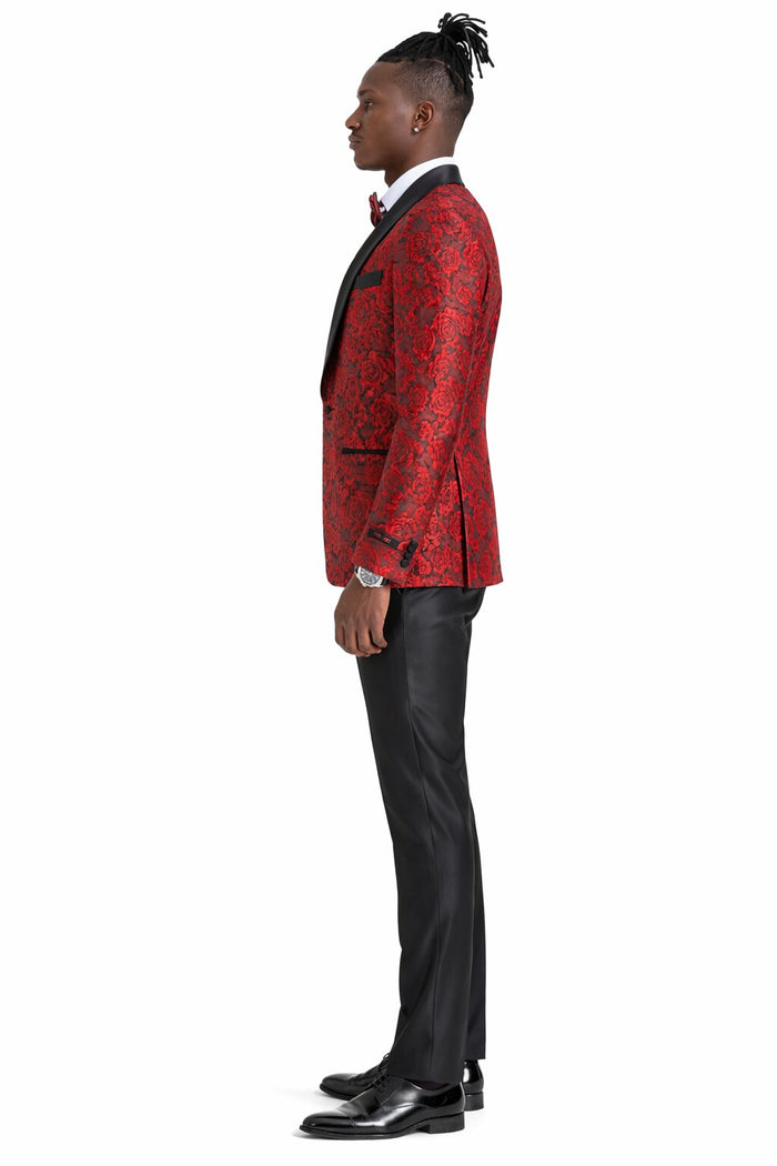 Men's One Button Slim Fit Shiny Paisely Floral Vested  Prom 2026 Tuxedo In Red