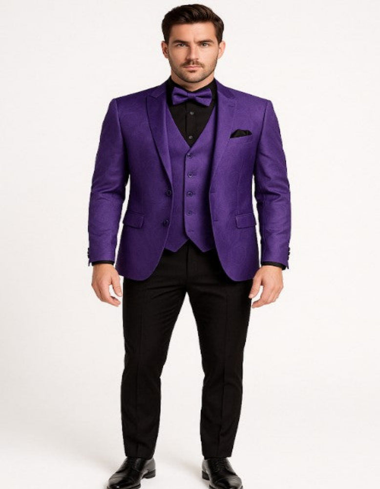 Mens Purple Paisley Tuxedo – 3 Piece Suit with Bow Tie and Black Pants | Wedding & Prom Outfit - Slim Fitted