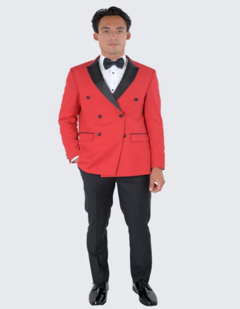 Red Double Breasted One Button Slim Fit Tuxedo Black Peak Lapel - Wedding - Prom 2025