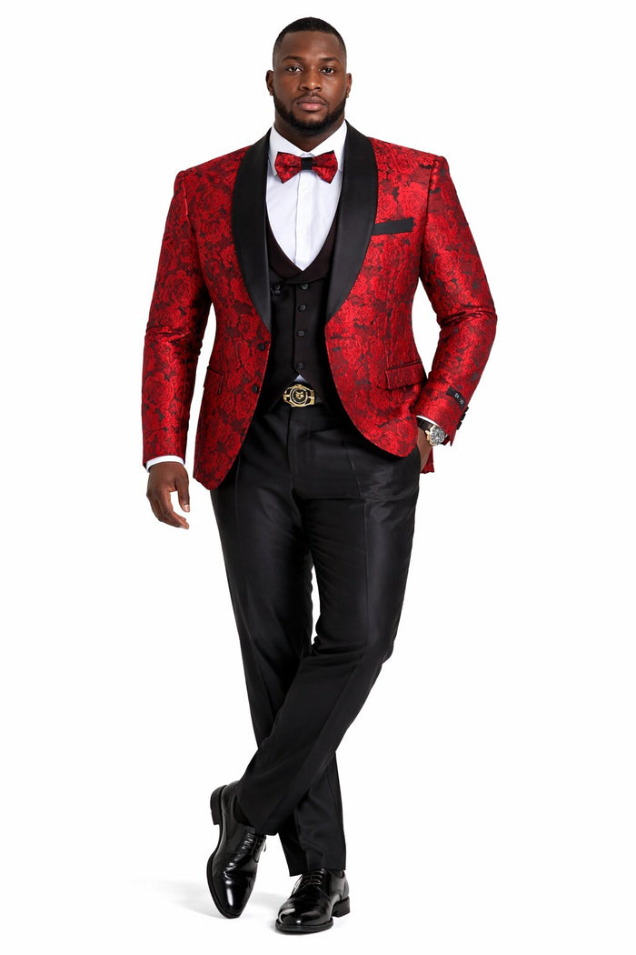 Men's One Button Slim Fit Shiny Paisely Floral Vested  Prom 2026 Tuxedo In Red