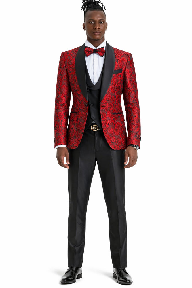Men's One Button Slim Fit Shiny Paisely Floral Vested  Prom 2026 Tuxedo In Red