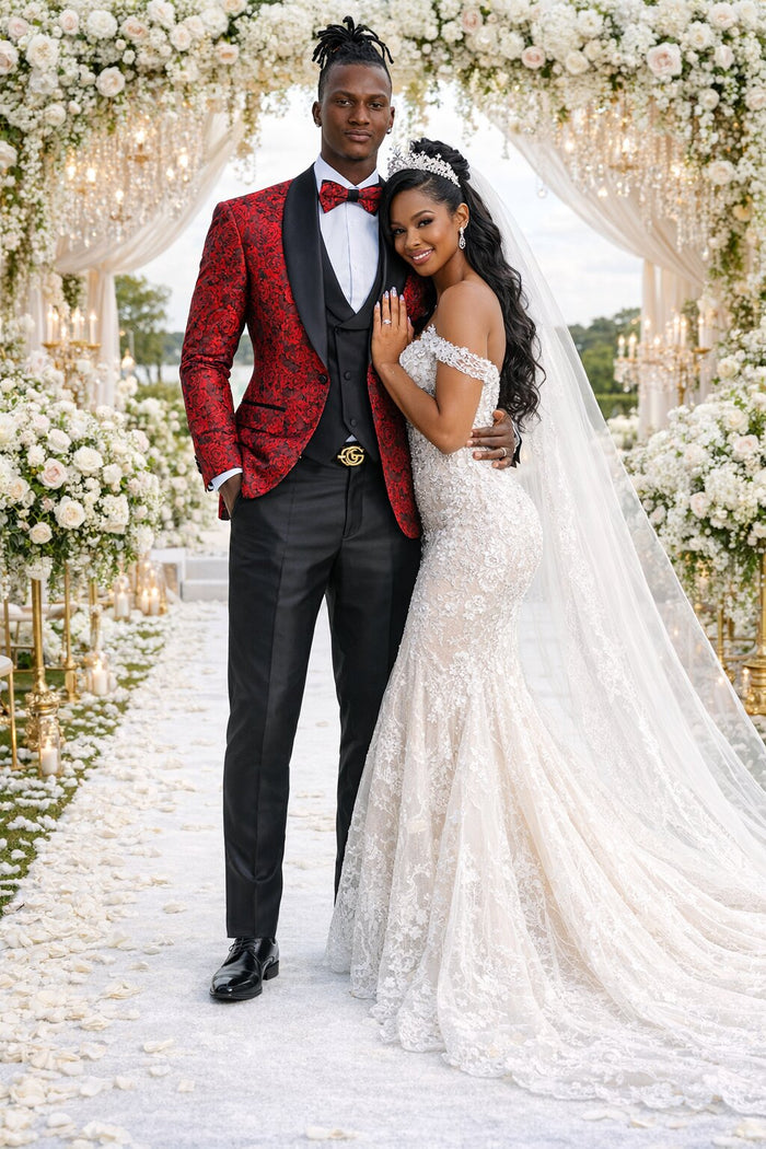 Men's One Button Slim Fit Shiny Paisely Floral Vested  Prom 2026 Tuxedo In Red