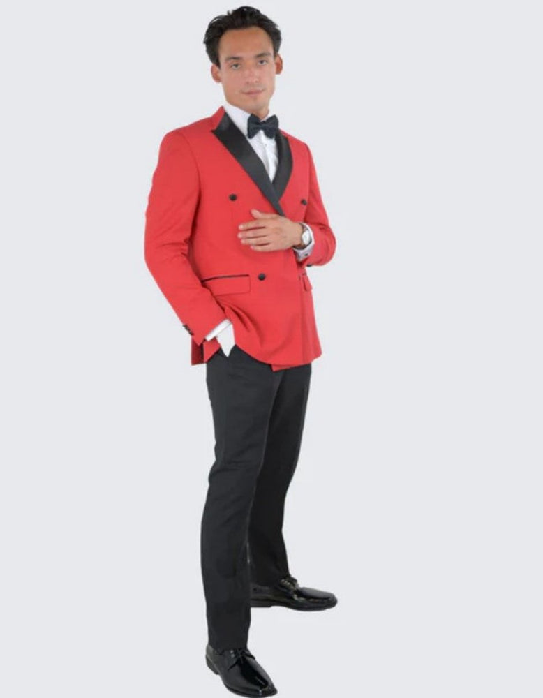 Red Double Breasted One Button Slim Fit Tuxedo Black Peak Lapel - Wedding - Prom 2025