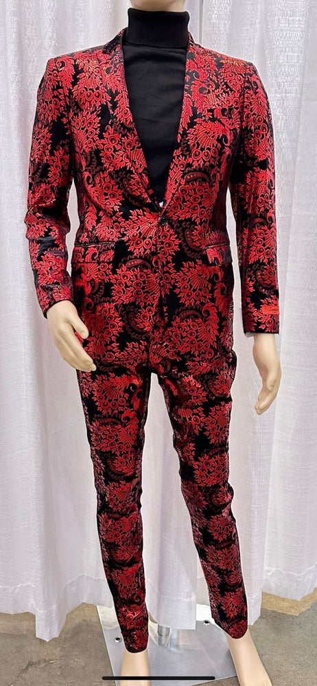 Mens Red and Black Floral Brocade Tuxedo Suit – Two Piece Slim Fit Set