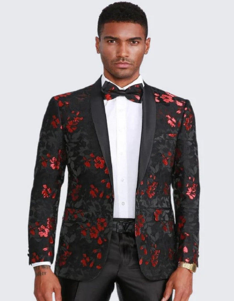 Red and Black Tuxedo Jacket One Button Floral Pattern Slim Fit - Wedding - Prom 2025