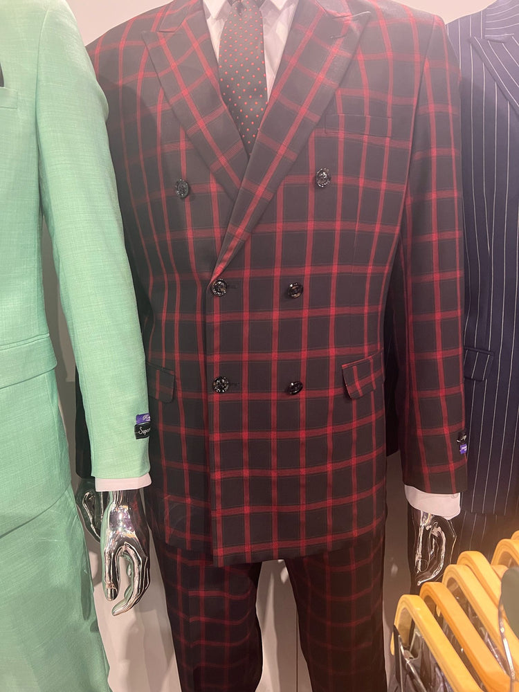 Mens Red and Black Plaid Double-Breasted Suit – Slim Fit Checkered 2 Piece Formal Business Outfit