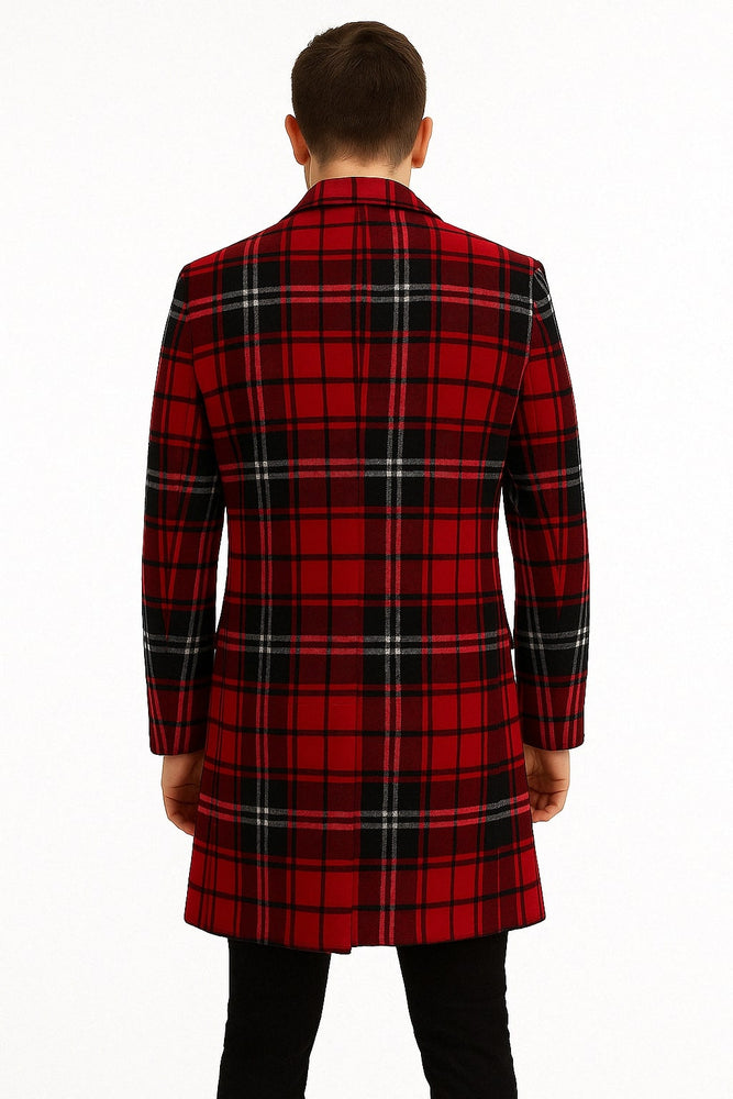 Mens Red and Black Plaid Wool Overcoat with Notch Lapel