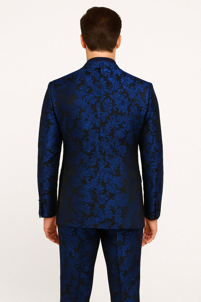 Mens Royal Blue Metallic Floral Suit – Black Background Two Piece Tuxedo Set