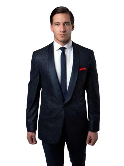 Floral Satin Shiny Black Lapel Two Toned Men's Tuxedo Dinner Jacket Blazer Paisley Sport Coat Flashy Silky Satin Stage Fancy Stage Party Dance Jacket Navy Blue