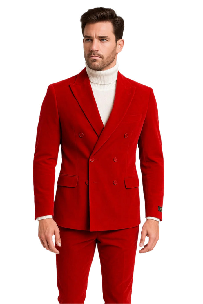 Mens Slim Fit Red Velvet Double Breasted Suit with Peak Lapel – Formal Tuxedo Style
