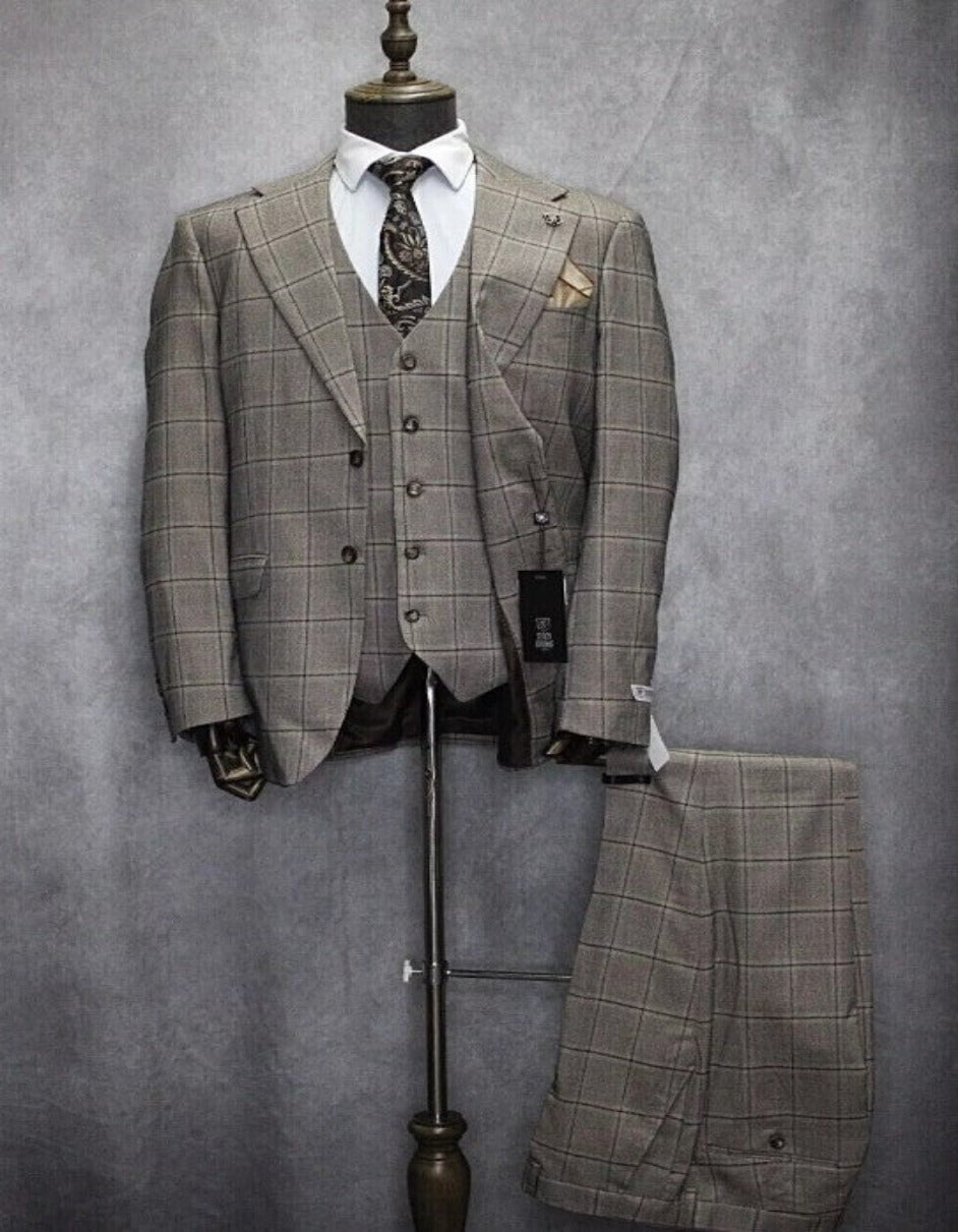 Mens Two Button Notch Lapel Plaid Pattern Suit Tan ~ Brown ...