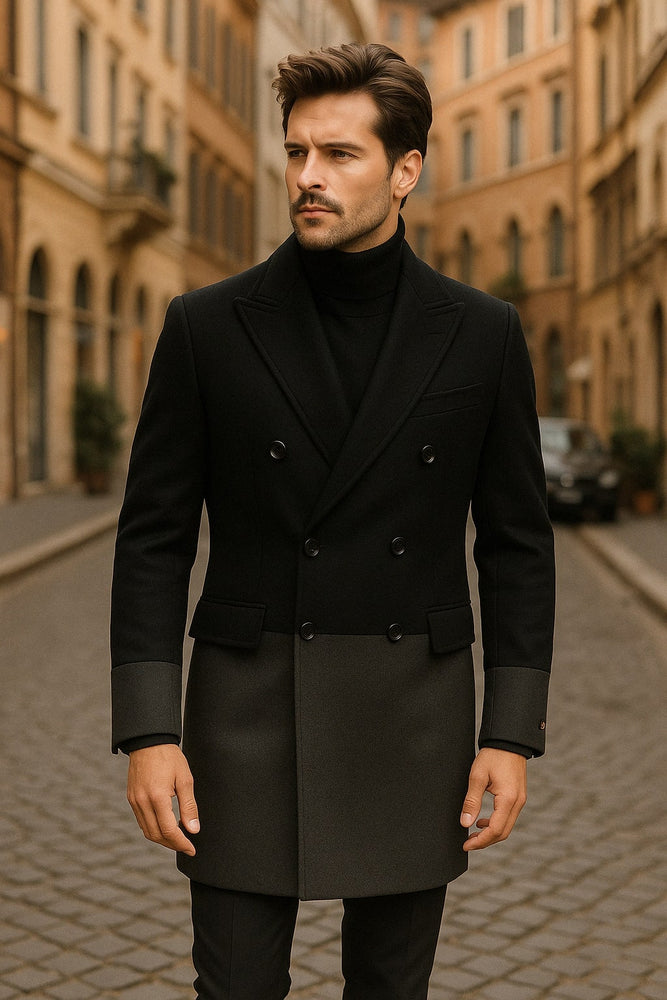 Mens Two-Tone Double-Breasted Overcoat in Black and Charcoal Gray Wool Fabric Topcoat