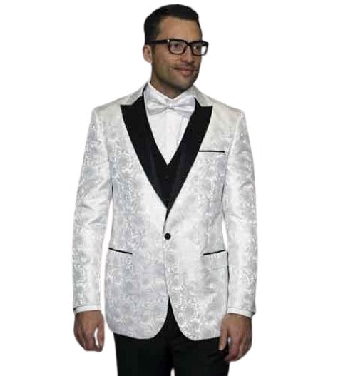 Men's Flashy Fancy Satin Shiny Tuxedo Dinners Jacket Blazer Paisley Sport Coat Silky Satin Stage Fancy Stage Party Dance White/Black