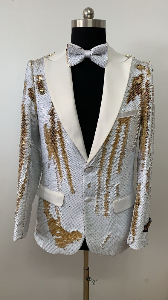 Mens White and Gold Reversible Sequin Tuxedo Jacket with Satin Lapel and Matching Bow Tie