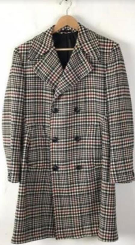 Men’s Cream Black and Red Plaid Wool Blend Peacoat, Checkered Double Breasted Winter Coat
