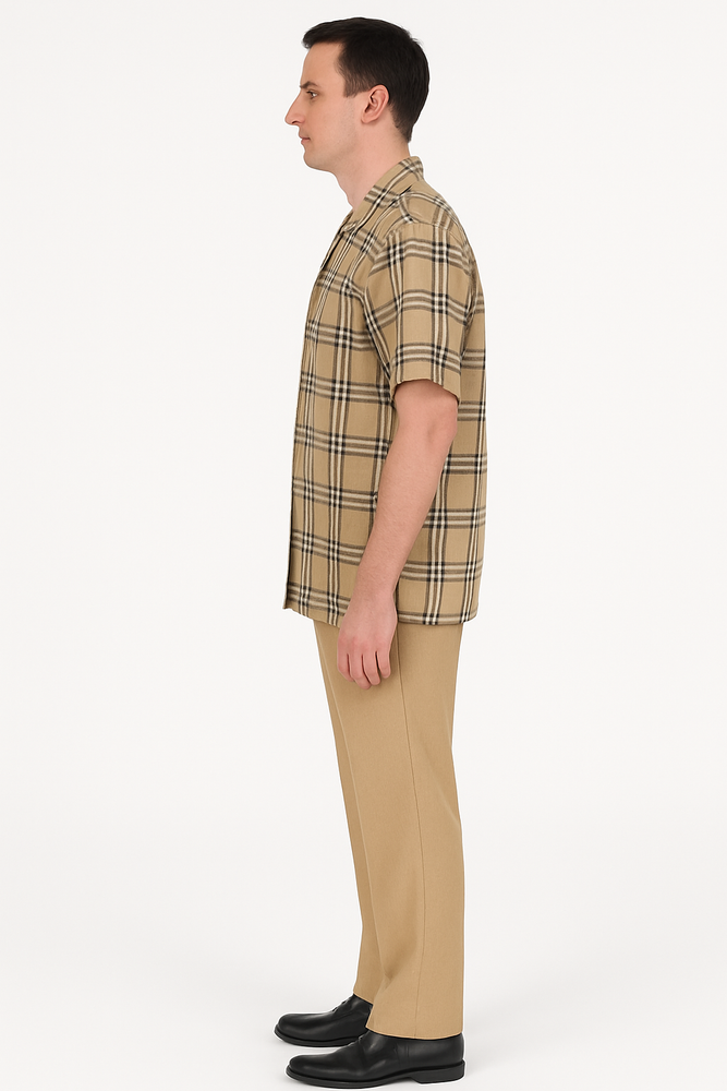 Beige Checkered Men’s Shirt – Relaxed Fit Short Sleeve