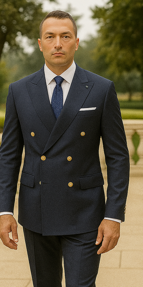 Mens 100% Wool 2 Piece Suit - Wide Peak Lapel Navy