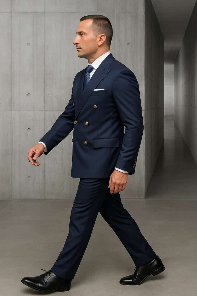 Mens 100% Wool 2 Piece Suit - Wide Peak Lapel Navy