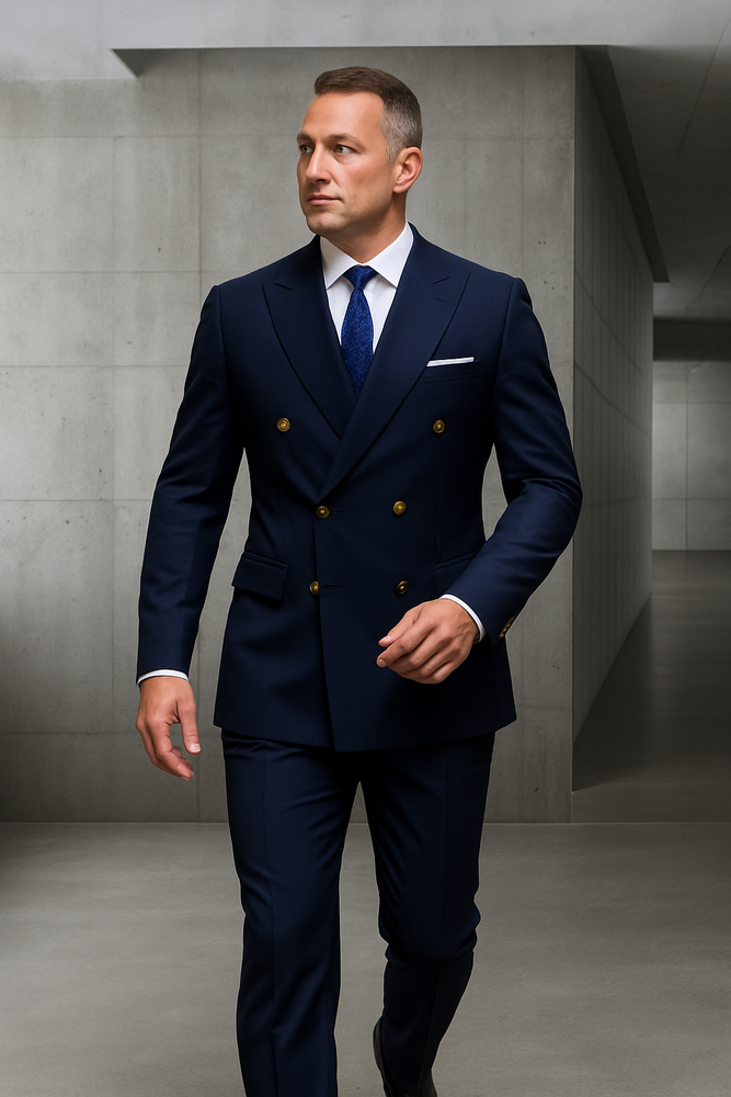 Mens 100% Wool 2 Piece Suit - Wide Peak Lapel Navy