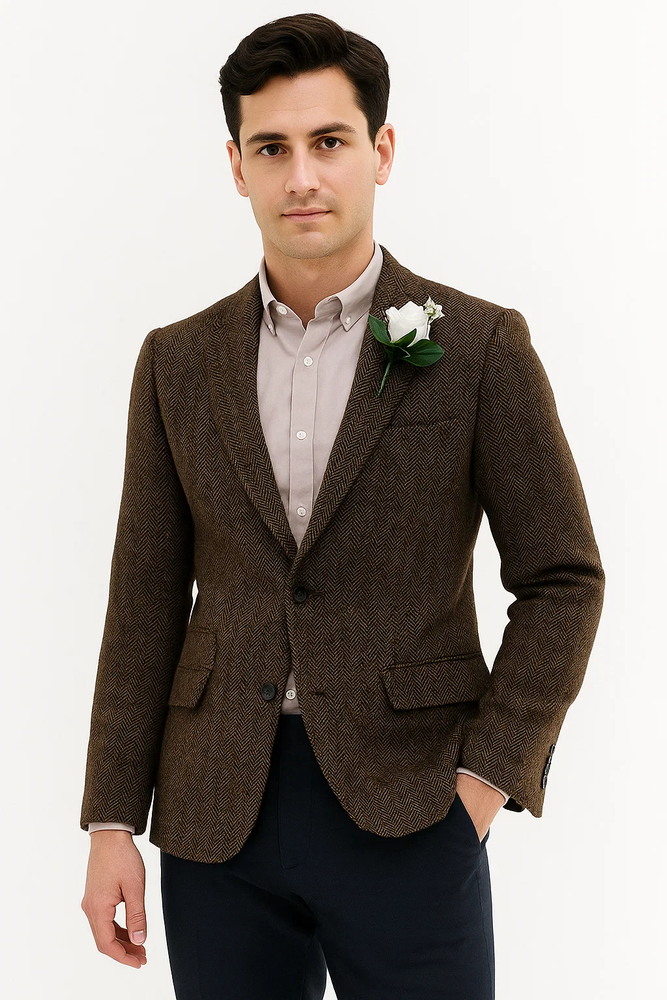 Mens Blazer Tweed Blazer Herringbone Blazer - Z-Dark Brown