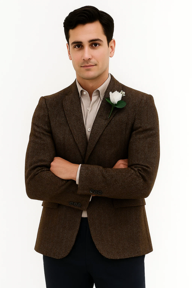 Mens Blazer Tweed Blazer Herringbone Blazer - Z-Dark Brown