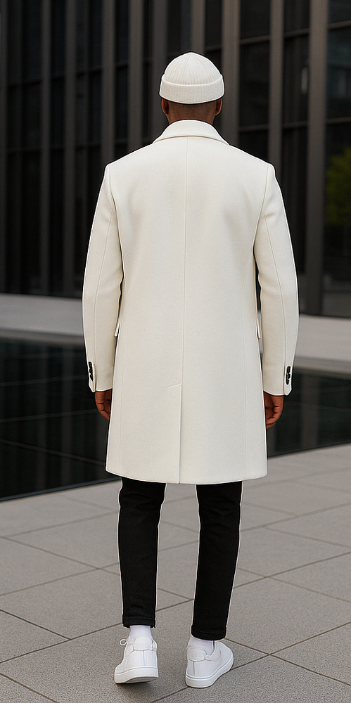Mens Cashmere & Wool White Double Breasted Overcoat ~ Car Coat