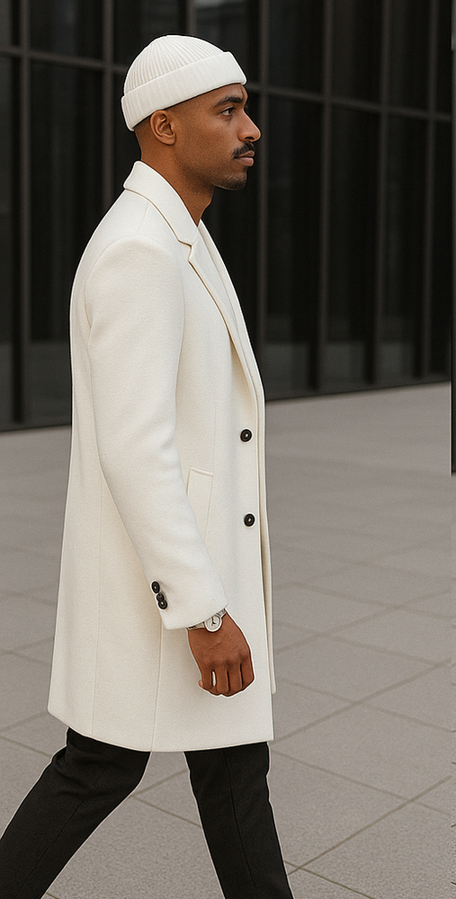 Mens Cashmere & Wool White Double Breasted Overcoat ~ Car Coat