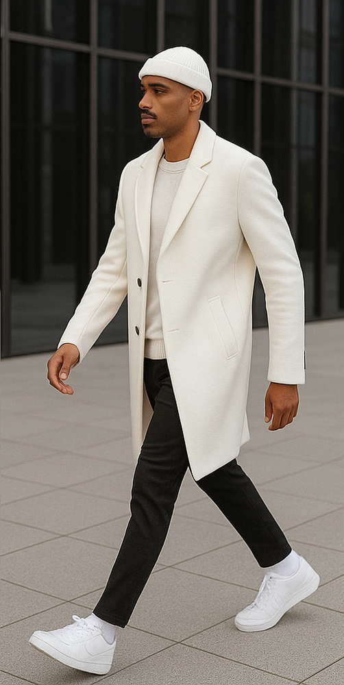 Mens Cashmere & Wool White Double Breasted Overcoat ~ Car Coat