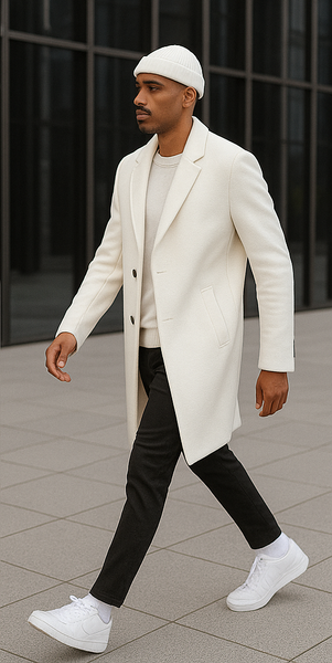 Mens Cashmere & Wool White Double Breasted Overcoat ~ Car Coat