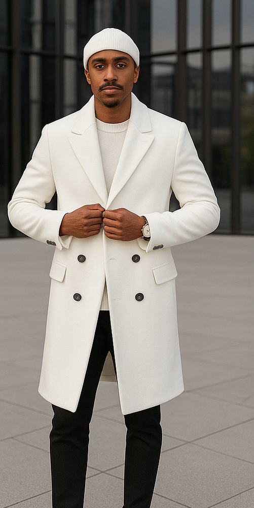 Mens Cashmere & Wool White Double Breasted Overcoat ~ Car Coat