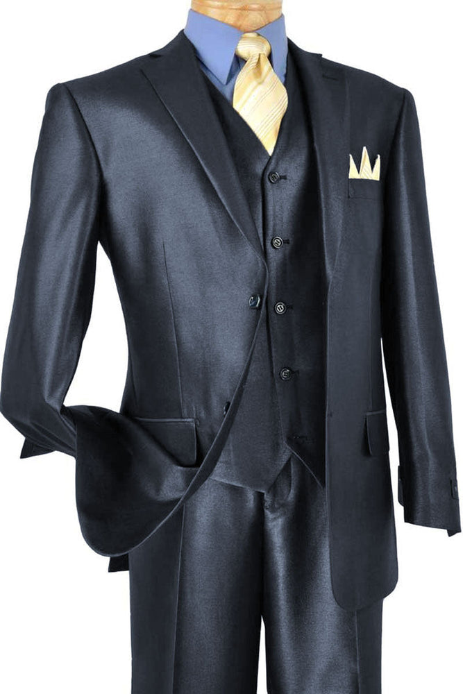 Mens Classic Vested Shiny Sharkskin Blue Suit