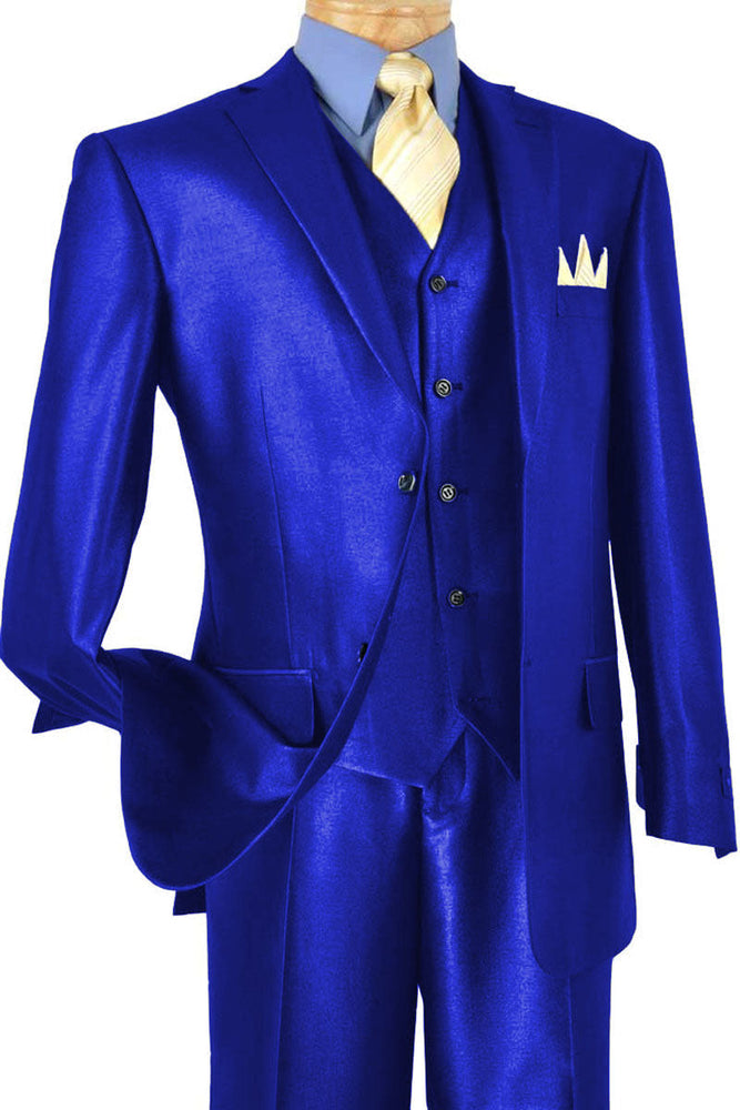 Mens Classic Vested Shiny Sharkskin Blue Suit