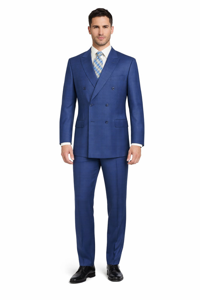 Mens Classic Wool Feel Double Breasted Glen Plaid Suit in Blue