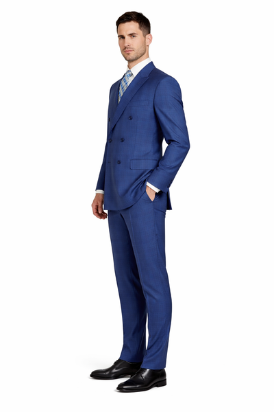 Mens Classic Wool Feel Double Breasted Glen Plaid Suit in Blue