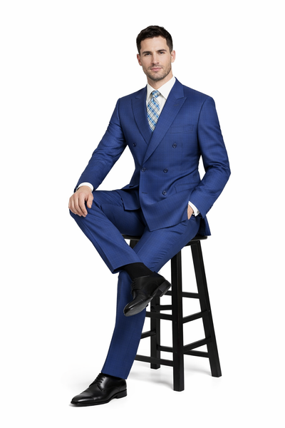 Mens Classic Wool Feel Double Breasted Glen Plaid Suit in Blue