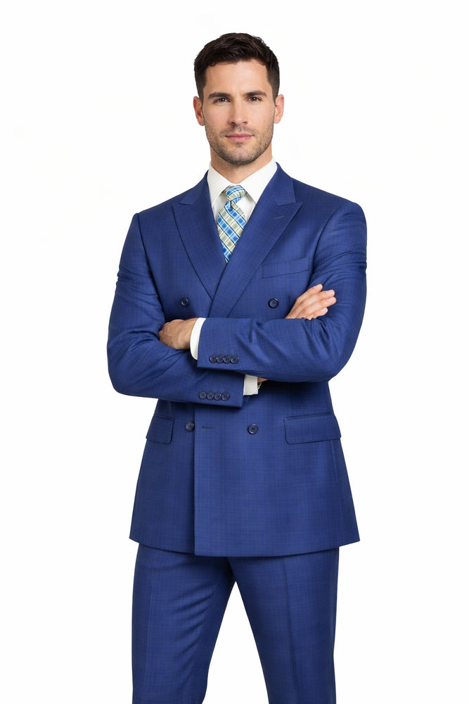Mens Classic Wool Feel Double Breasted Glen Plaid Suit in Blue
