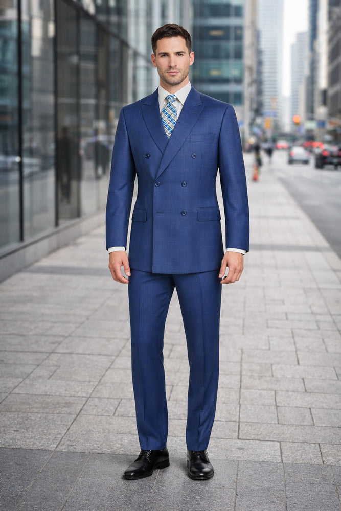 Mens Classic Wool Feel Double Breasted Glen Plaid Suit in Blue