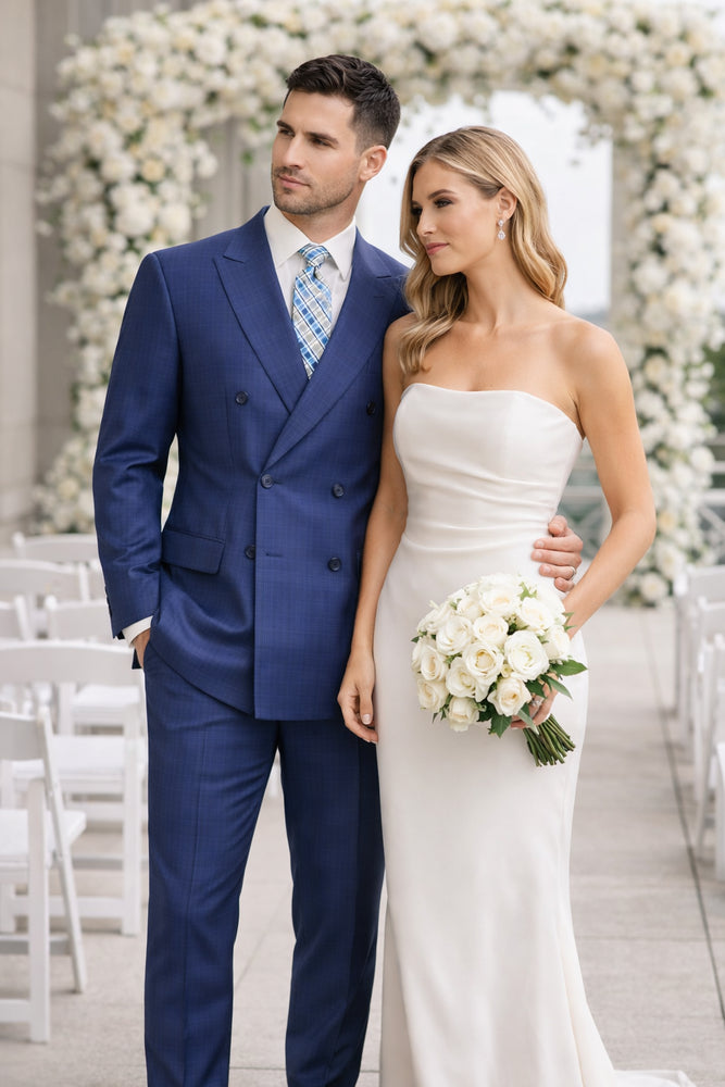 Mens Classic Wool Feel Double Breasted Glen Plaid Suit in Blue