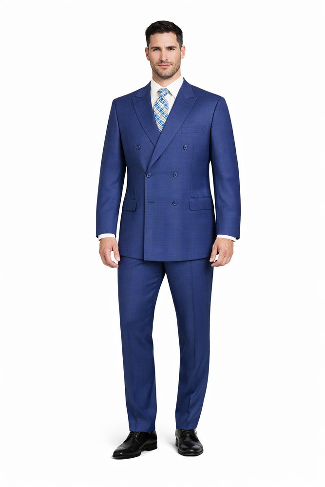 Mens Classic Wool Feel Double Breasted Glen Plaid Suit in Blue
