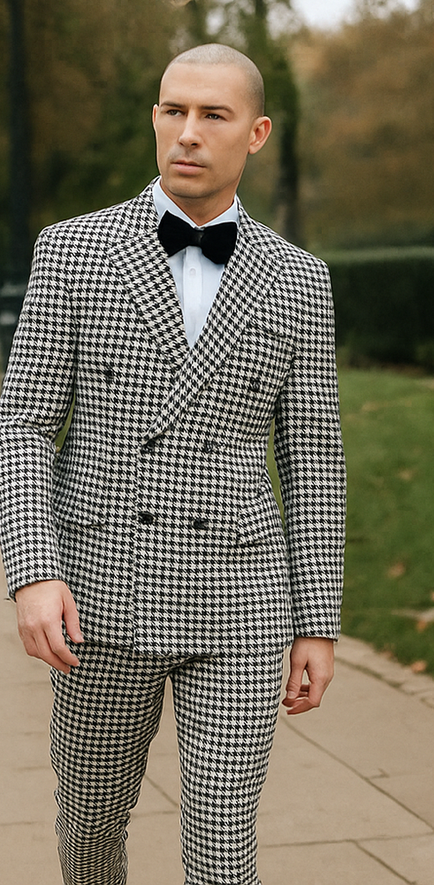 Mens Double Breasted Houndstooth Suit With Matching Pants
